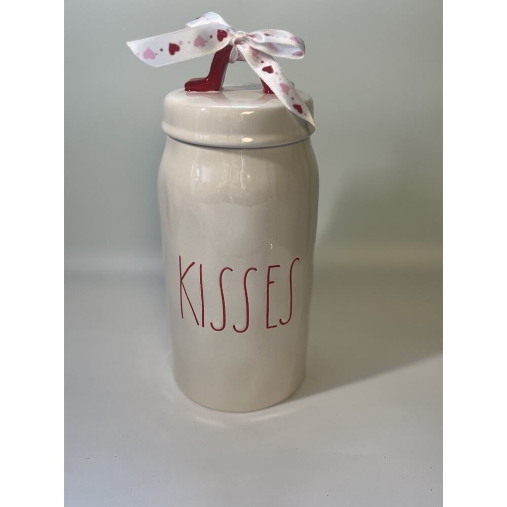RAE DUNN Valentines Day White‎ & Red “KISSES" 9.5" Canister Farmhouse Rustic